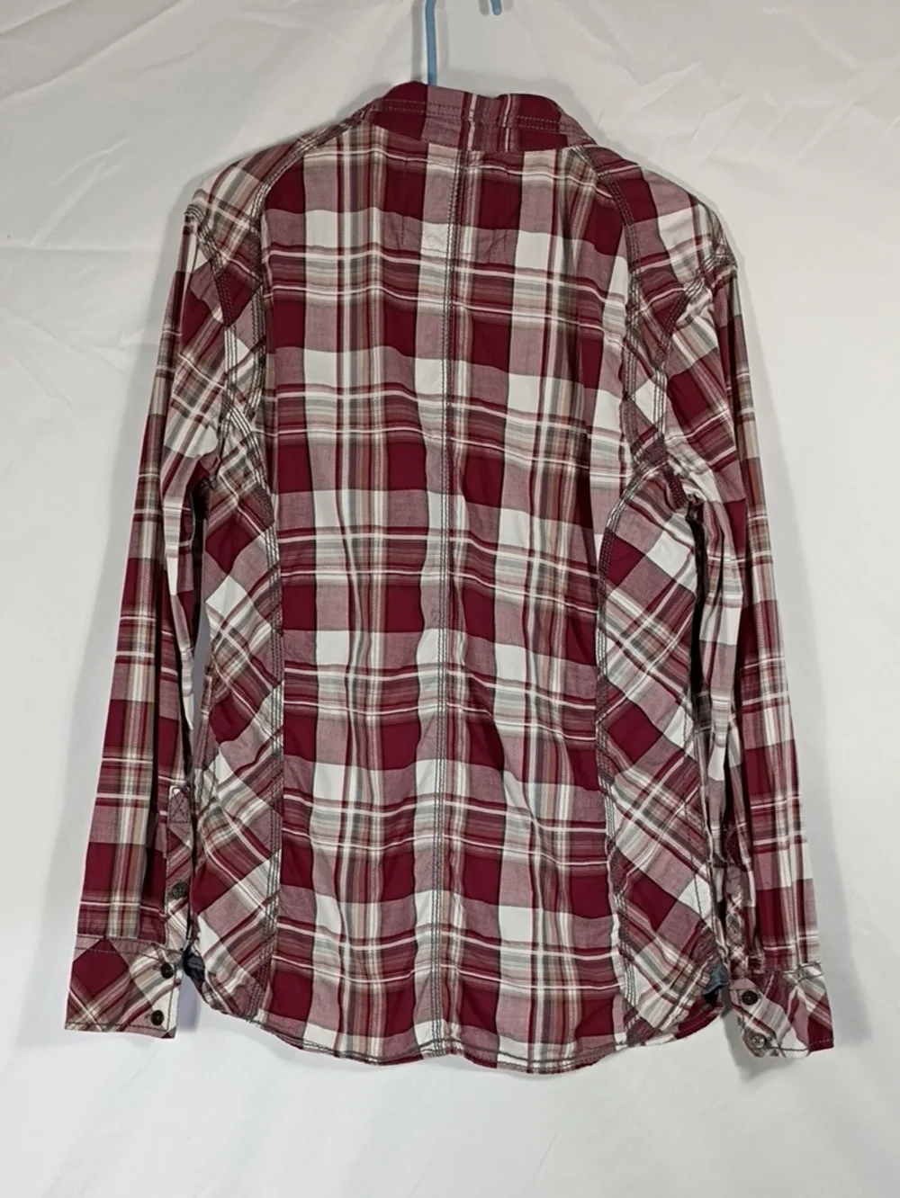 EUC Buckle Black Men's Burgundy/White Plaid Button-Down Shirt Tailored Fit Sz Lg